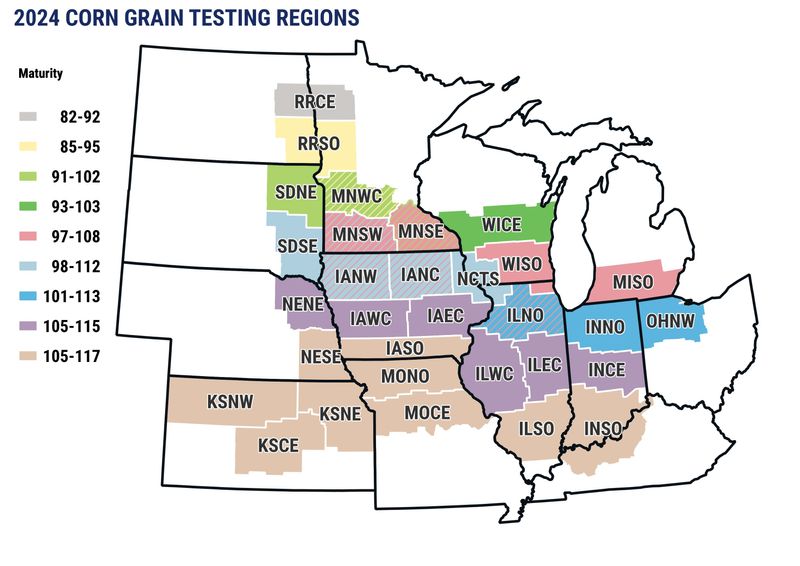 2024 Corn Grain region boundaries with test maturities listed