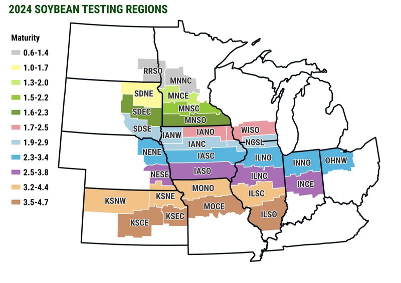 2024 Soybeans region boundaries with test maturities listed